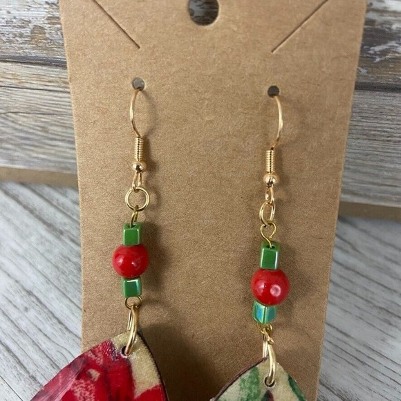 Christmas Poinsettia Earrings Red Green Tear Drop Dangle Beaded French Wire Gold - Picture 8 of 8